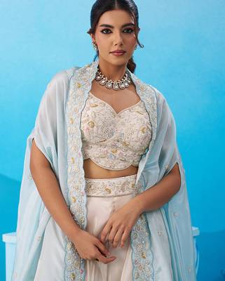 Cream viscoce beads embroidered crop top with flared cape & palazzo set 3
