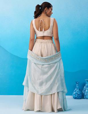 Cream viscoce beads embroidered crop top with flared cape & palazzo set 4