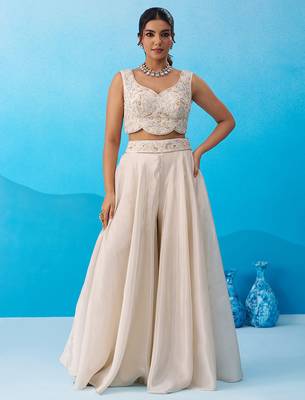 Cream viscoce beads embroidered crop top with flared cape & palazzo set 5