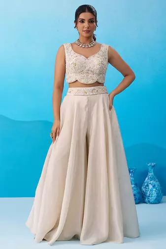 Cream viscoce beads embroidered crop top with flared cape & palazzo set