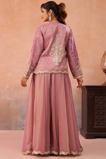 Pink tissue floral embroidered crop top with jacket & flared palazzo set