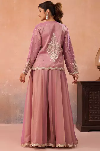 Pink tissue floral embroidered crop top with jacket & flared palazzo set