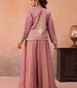 Pink tissue floral embroidered crop top with jacket & flared palazzo set