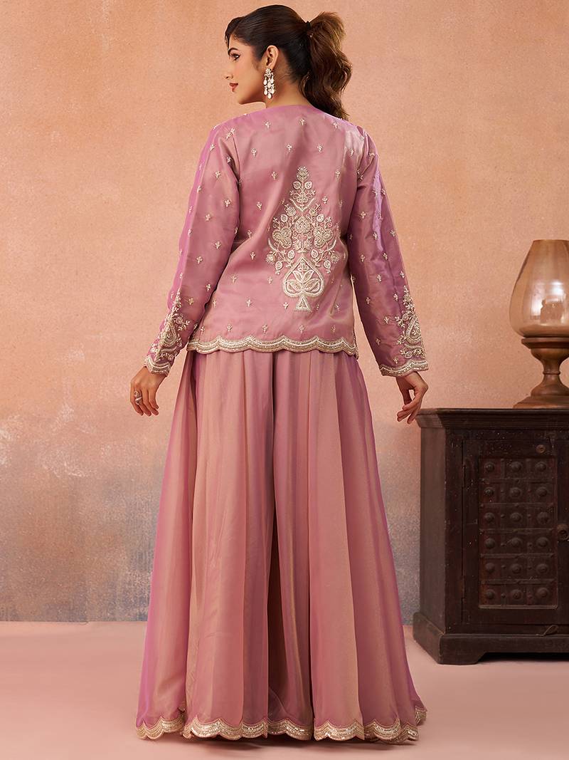 Pink tissue floral embroidered crop top with jacket & flared palazzo set