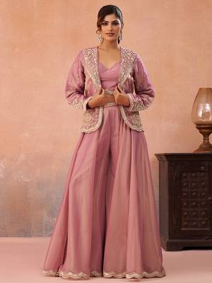 Pink tissue floral embroidered crop top with jacket & flared palazzo set 2