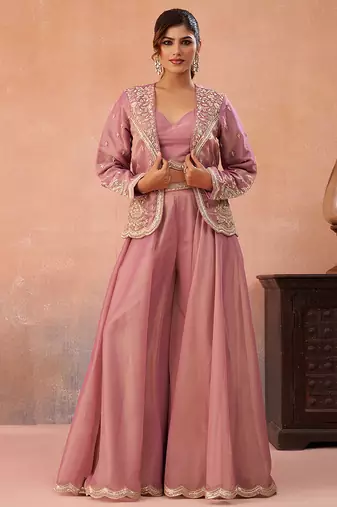 Pink tissue floral embroidered crop top with jacket & flared palazzo set