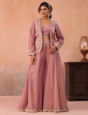 Pink tissue floral embroidered crop top with jacket & flared palazzo set 3