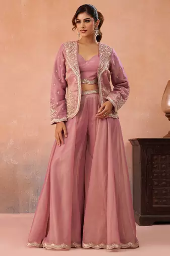 Pink tissue floral embroidered crop top with jacket & flared palazzo set