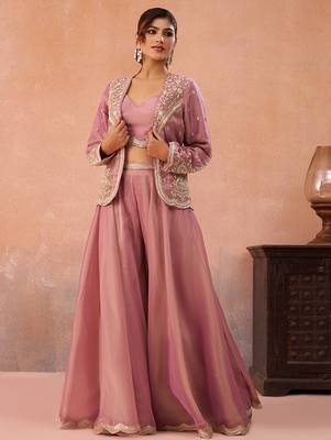 Pink tissue floral embroidered crop top with jacket & flared palazzo set 4