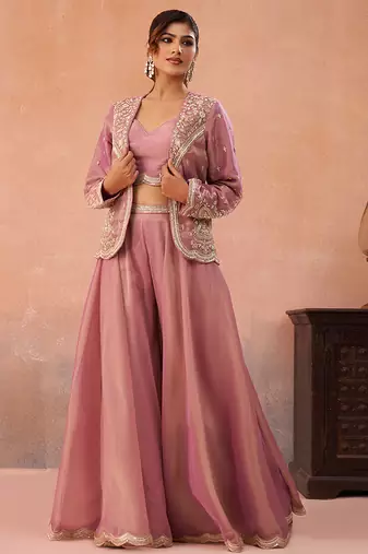 Pink tissue floral embroidered crop top with jacket & flared palazzo set