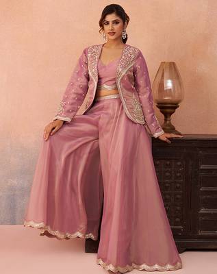 Pink tissue floral embroidered crop top with jacket & flared palazzo set 5