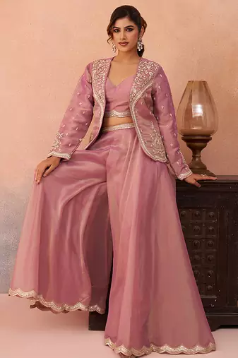 Pink tissue floral embroidered crop top with jacket & flared palazzo set