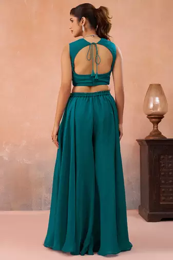 Teal blue organza beads embroidered crop top with flared cape & flared palazzo set