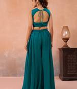 Teal blue organza beads embroidered crop top with flared cape & flared palazzo set