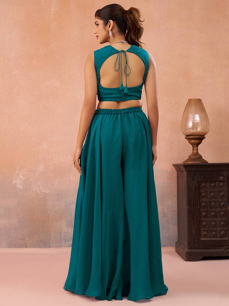 Teal blue organza beads embroidered crop top with flared cape & flared palazzo set