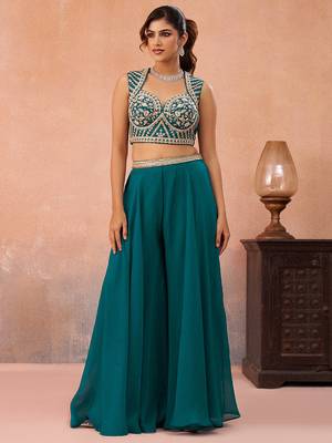 Teal blue organza beads embroidered crop top with flared cape & flared palazzo set 2