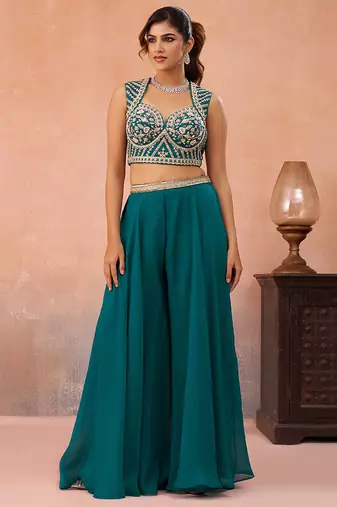 Teal blue organza beads embroidered crop top with flared cape & flared palazzo set