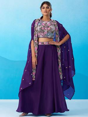 Royal purple crepe beads embroidered crop top with flared cape & flared palazzo set 1