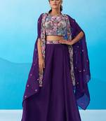 Royal purple crepe beads embroidered crop top with flared cape & flared palazzo set