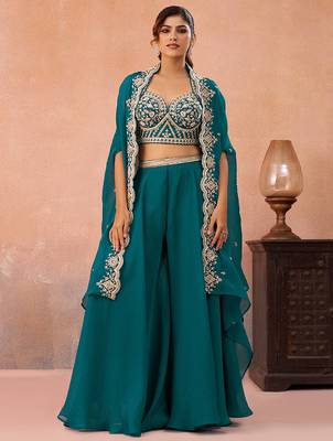 Teal blue organza beads embroidered crop top with flared cape & flared palazzo set 3