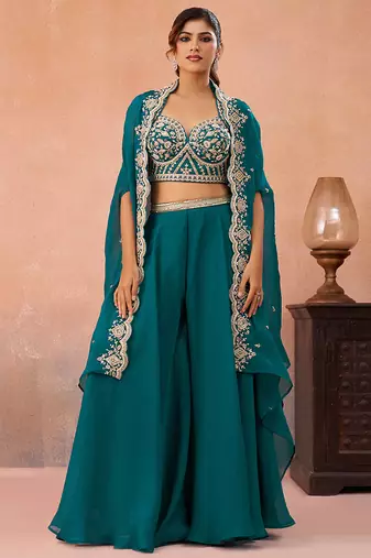 Teal blue organza beads embroidered crop top with flared cape & flared palazzo set
