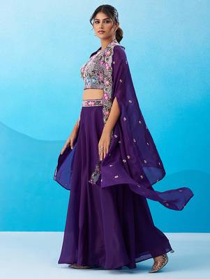 Royal purple crepe beads embroidered crop top with flared cape & flared palazzo set 3