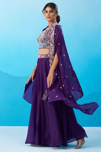 Royal purple crepe beads embroidered crop top with flared cape & flared palazzo set