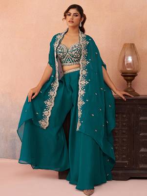 Teal blue organza beads embroidered crop top with flared cape & flared palazzo set 4