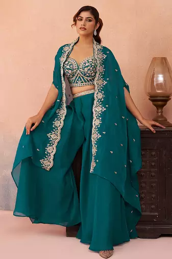 Teal blue organza beads embroidered crop top with flared cape & flared palazzo set