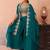 Teal blue organza beads embroidered crop top with flared cape & flared palazzo set