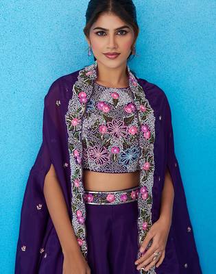 Royal purple crepe beads embroidered crop top with flared cape & flared palazzo set 4