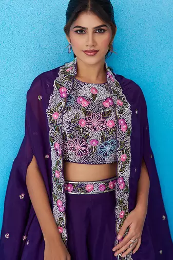 Royal purple crepe beads embroidered crop top with flared cape & flared palazzo set