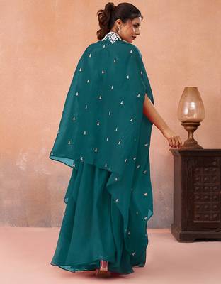 Teal blue organza beads embroidered crop top with flared cape & flared palazzo set 5