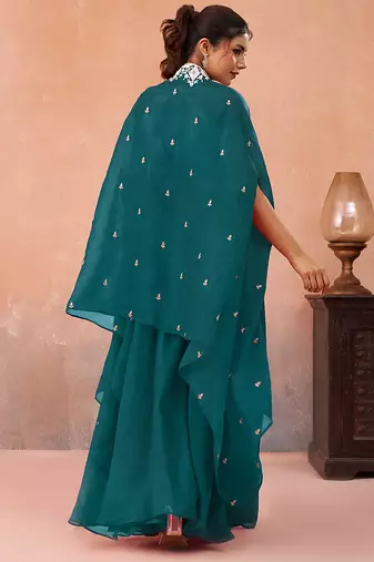 Teal blue organza beads embroidered crop top with flared cape & flared palazzo set