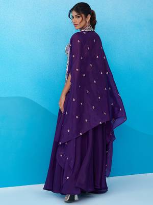 Royal purple crepe beads embroidered crop top with flared cape & flared palazzo set 5