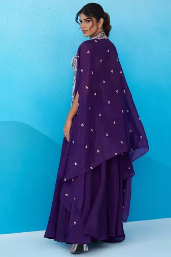 Royal purple crepe beads embroidered crop top with flared cape & flared palazzo set