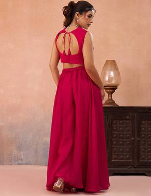 Pink organza beads embroidered crop top with flared cape & flared palazzo set 1