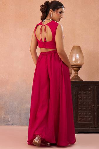 Pink organza beads embroidered crop top with flared cape & flared palazzo set