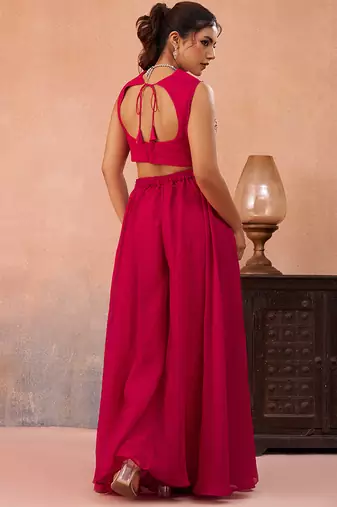 Pink organza beads embroidered crop top with flared cape & flared palazzo set