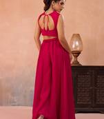 Pink organza beads embroidered crop top with flared cape & flared palazzo set