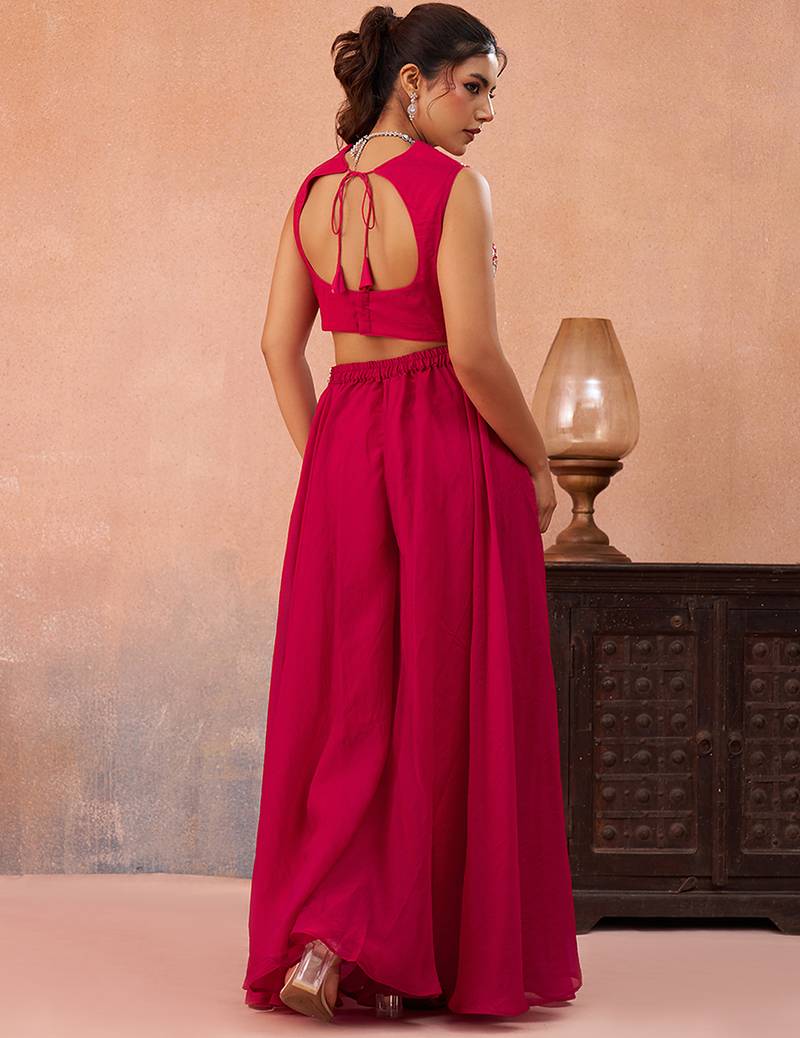 Pink organza beads embroidered crop top with flared cape & flared palazzo set