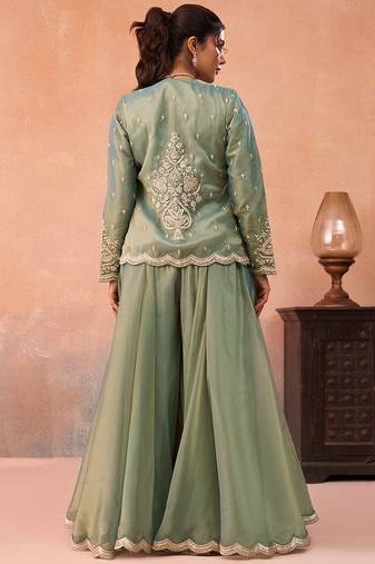 Sage green tissue floral embroidered crop top with jacket & flared palazzo set