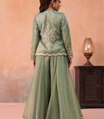 Sage green tissue floral embroidered crop top with jacket & flared palazzo set