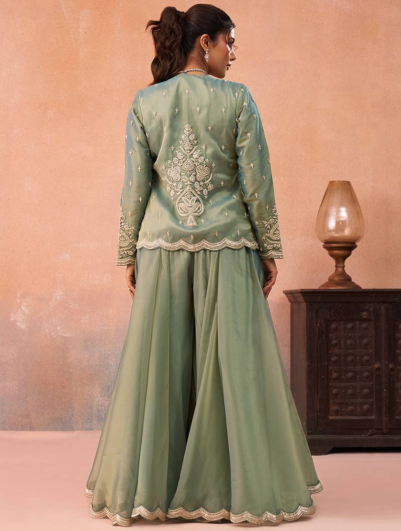 Sage green tissue floral embroidered crop top with jacket & flared palazzo set