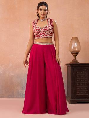 Pink organza beads embroidered crop top with flared cape & flared palazzo set 2