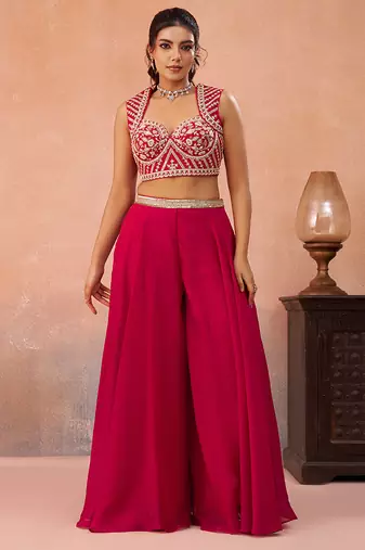 Pink organza beads embroidered crop top with flared cape & flared palazzo set