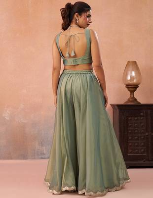 Sage green tissue floral embroidered crop top with jacket & flared palazzo set 2