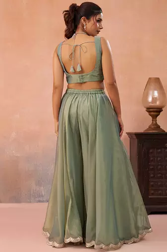 Sage green tissue floral embroidered crop top with jacket & flared palazzo set