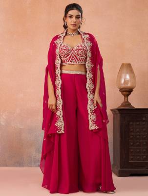 Pink organza beads embroidered crop top with flared cape & flared palazzo set 3