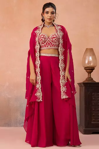 Pink organza beads embroidered crop top with flared cape & flared palazzo set